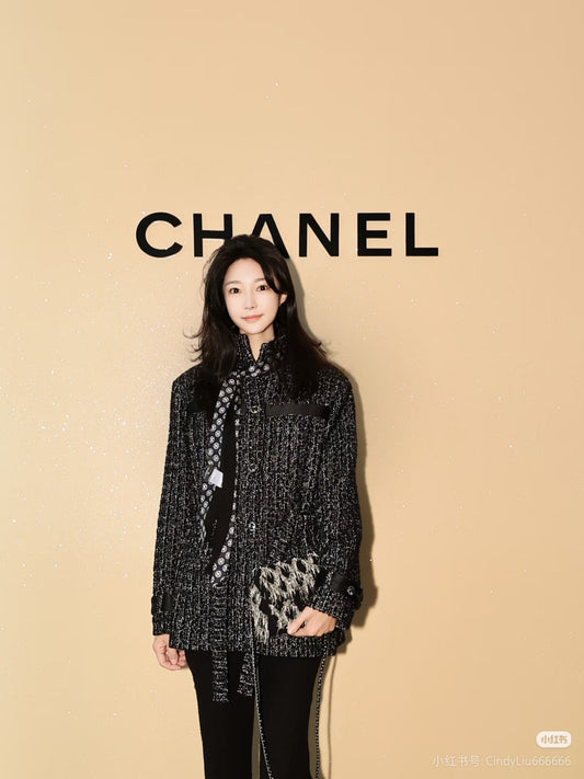 Cha**black plaid tweed stand-collar coat