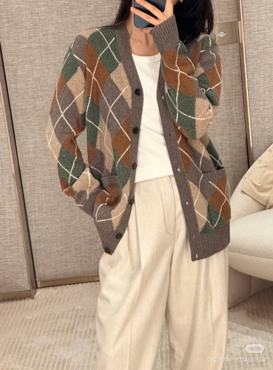 Baby**25fw old Money Style Diamond Pattern Knitted Wool Cardigan