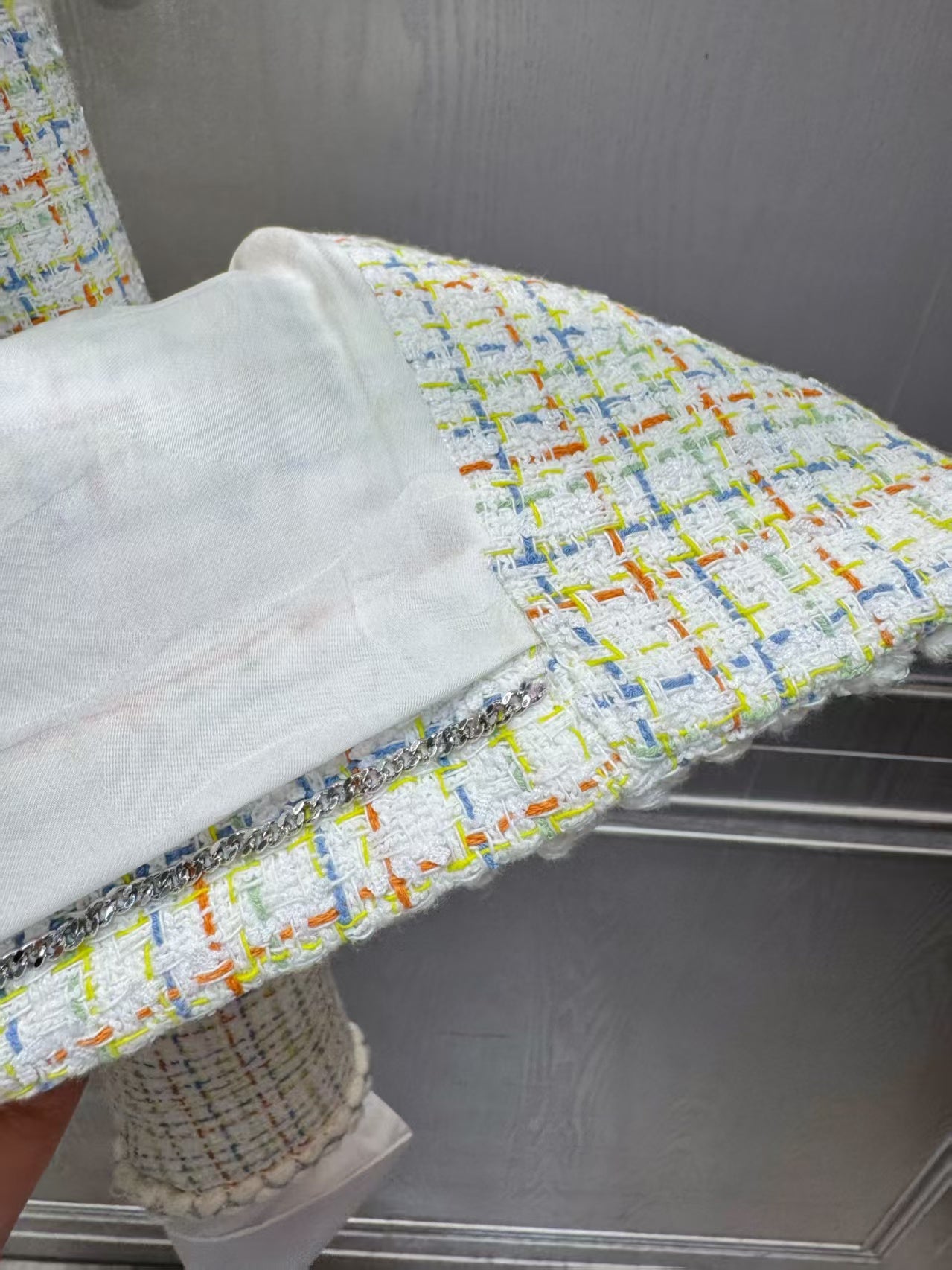 Cha**white tweed hooded coat