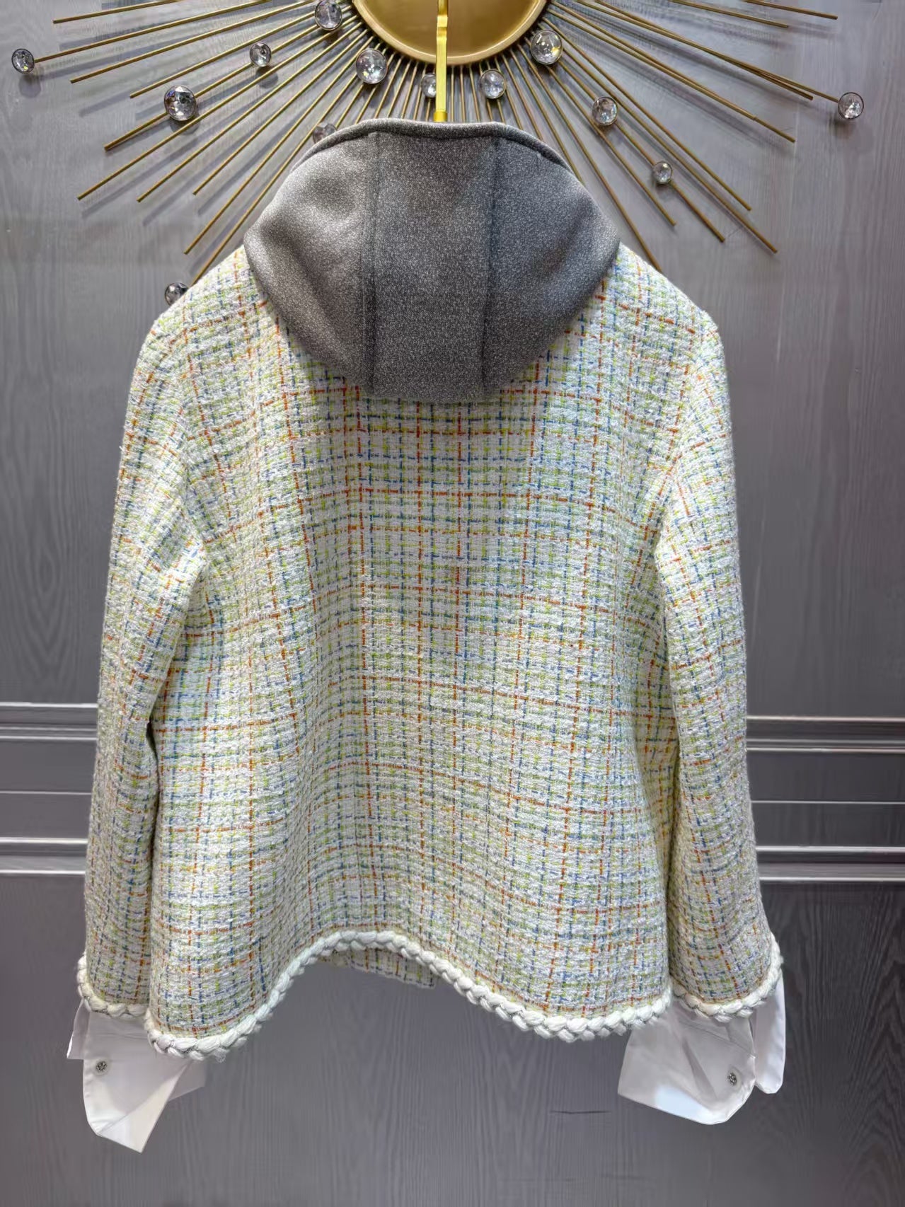 Cha**white tweed hooded coat