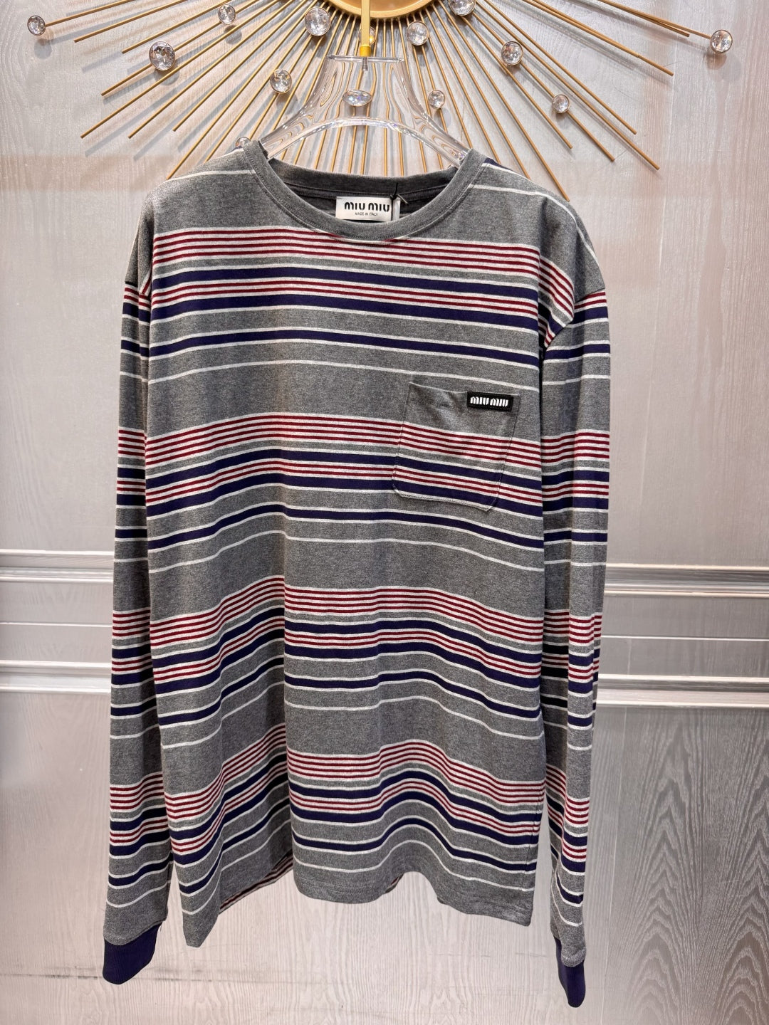 Mu 25fw Striped long-sleeved T-shirt Gray, blue and red color blocking