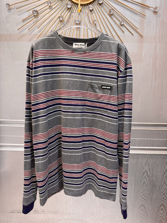 Mu 25fw Striped long-sleeved T-shirt Gray, blue and red color blocking