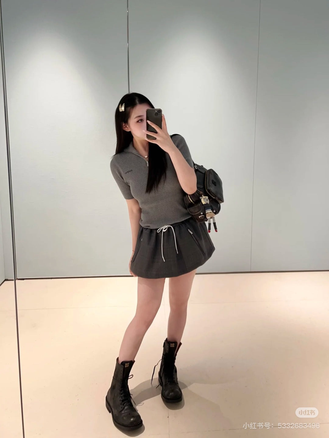 Mu 25fw Grey knitted zip-up short-sleeved shirt