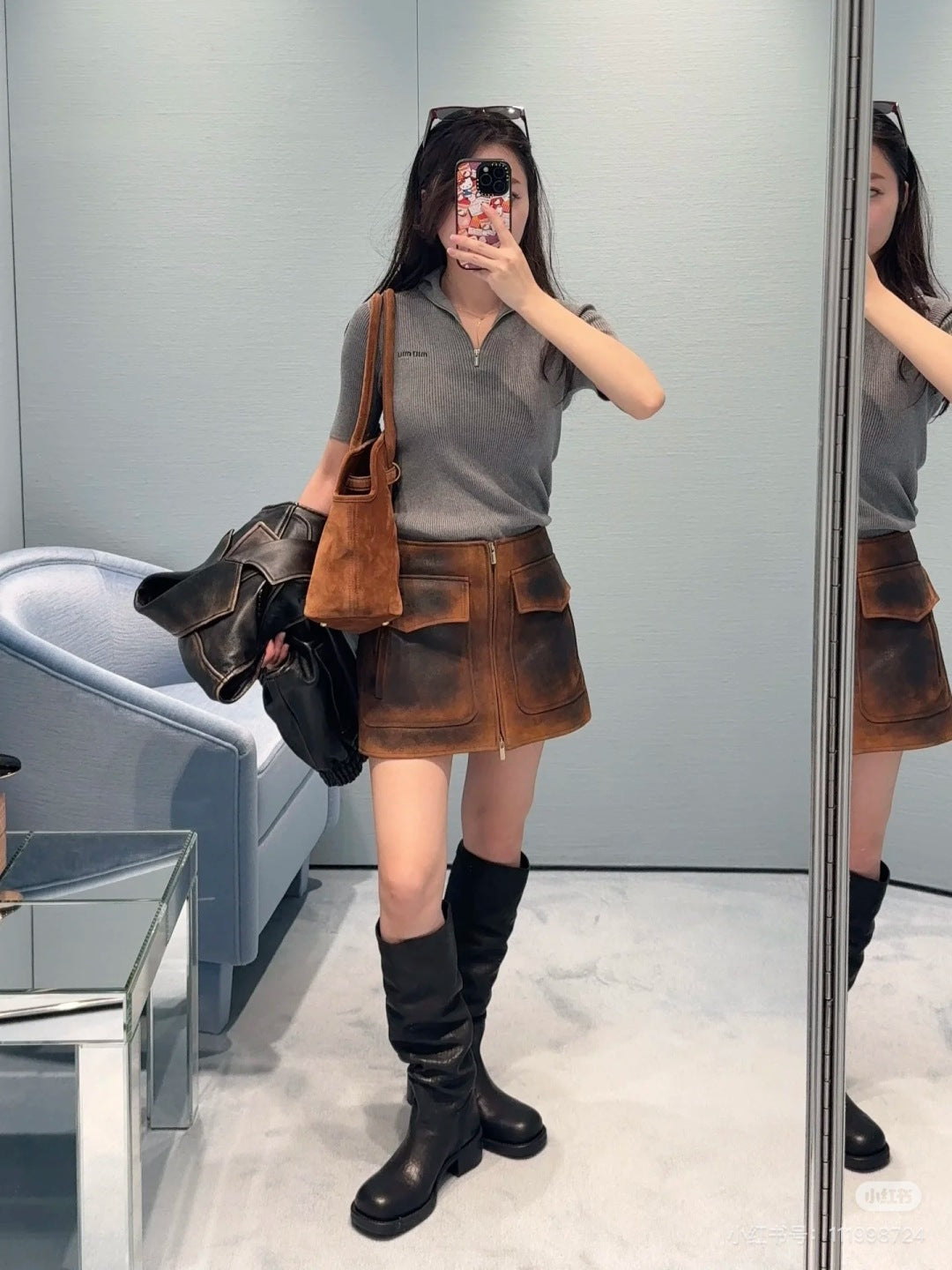 Mu 25fw Grey knitted zip-up short-sleeved shirt