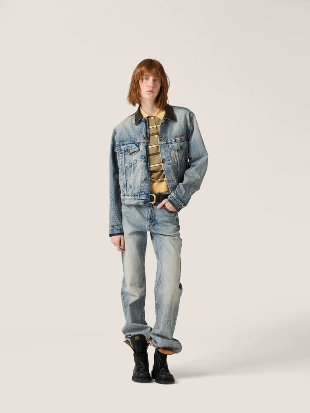 Mu 25fw Blue denim jacket set with leather collar