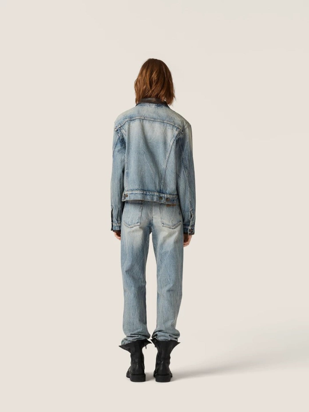 Mu 25fw Blue denim jacket set with leather collar