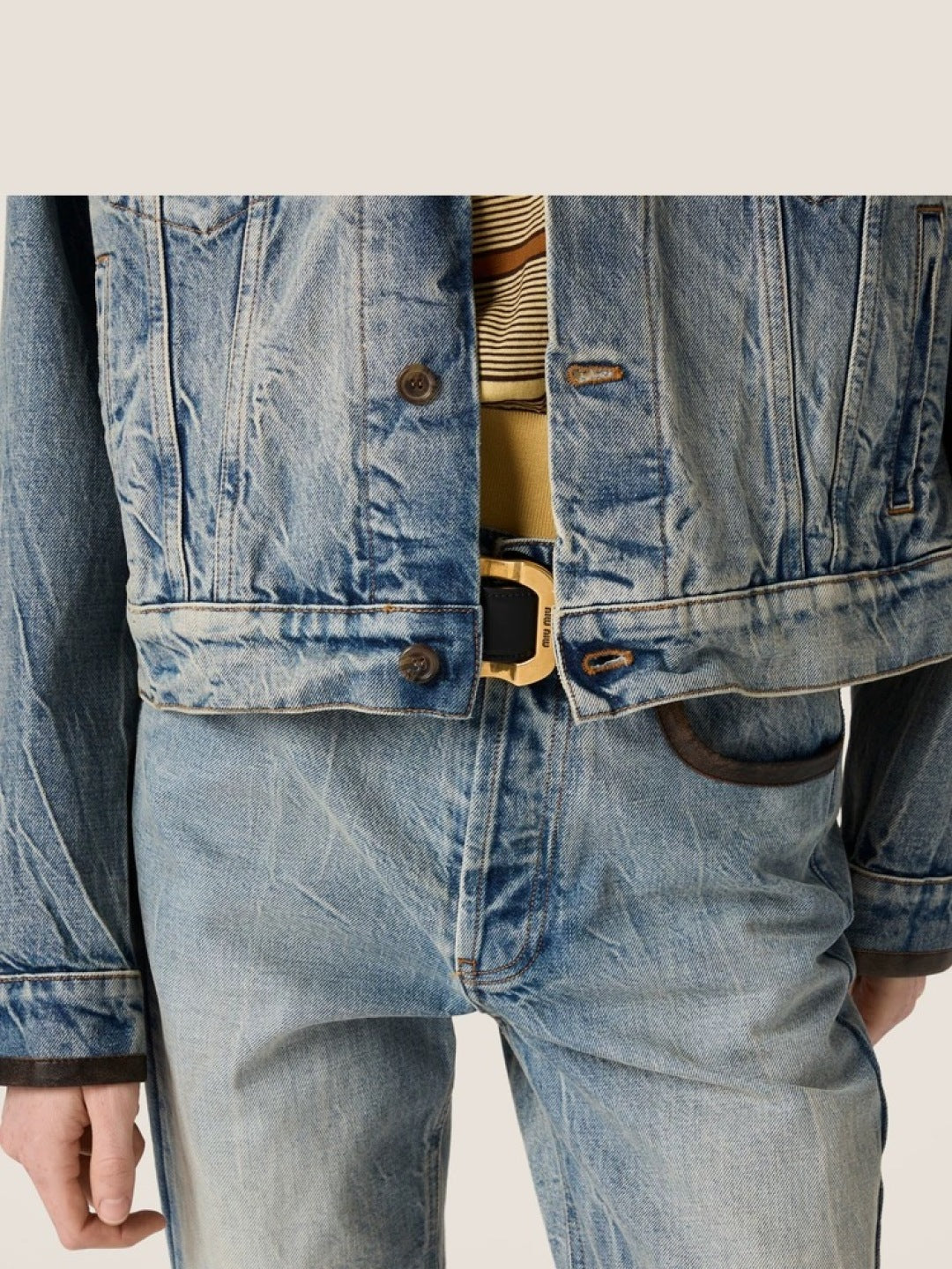 Mu 25fw Blue denim jacket set with leather collar