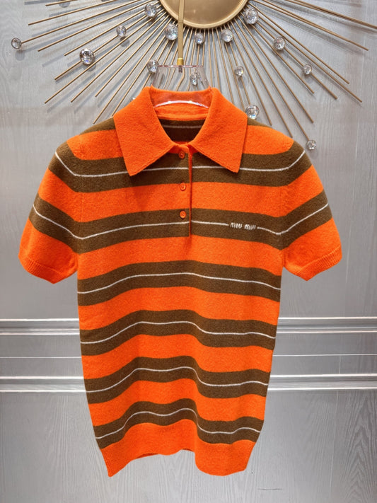 Mu 25fw Orange and brown knitted cashmere sweater