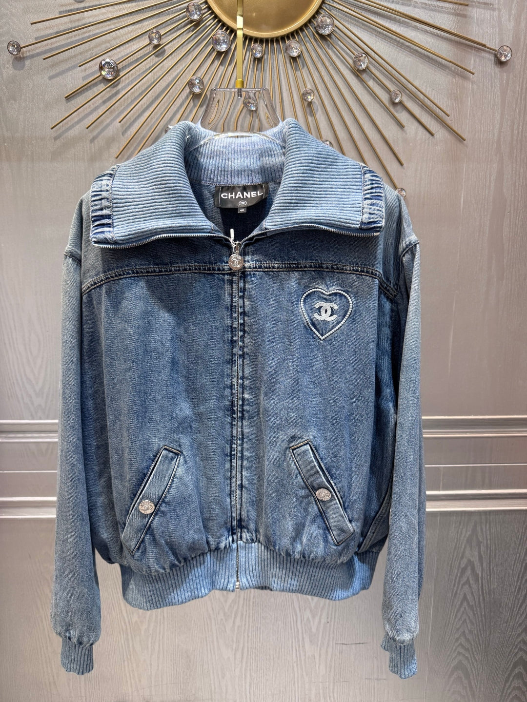 Cha 25fw Blue denim embroidered short jacket