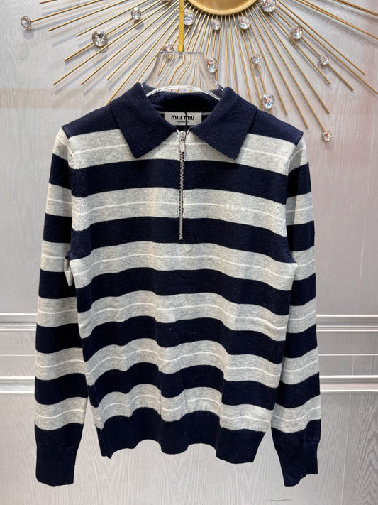 Mu 25fw Long sleeved knitted shirt with navy blue and grey patchwork