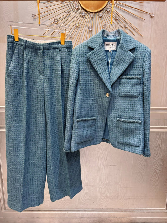 Che 25fw Coarse woolen peacock green suit set