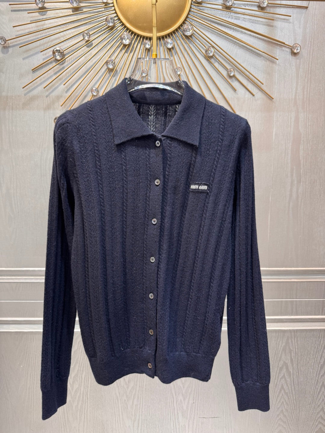 Mu 25fw Blue hollow knitted sweater