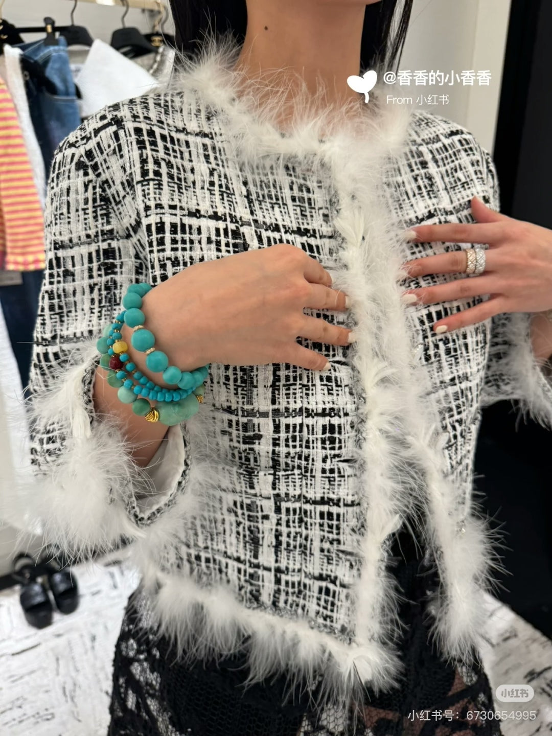 Cha 25fw Black and white checkered feather border jacket