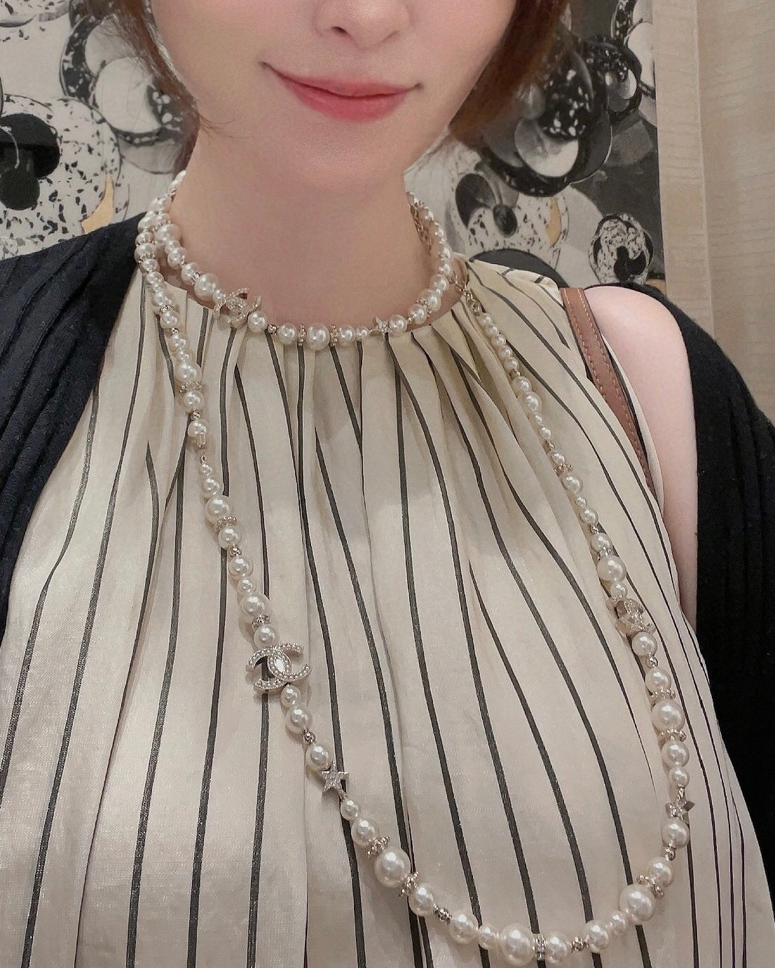 Cha** Heavy Industry Five-Pointed Star ⭐ Full Diamond Pearl Sweater Necklace