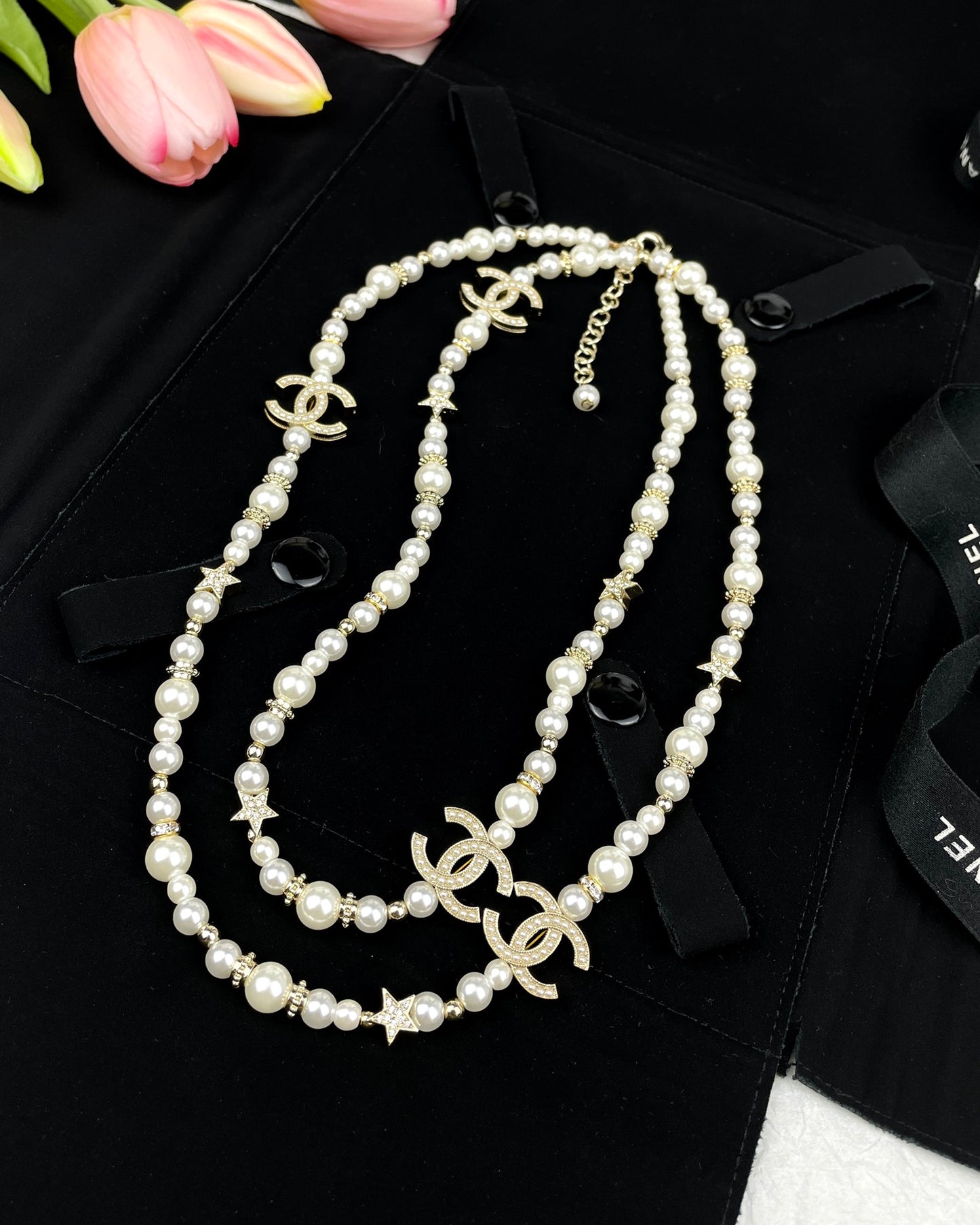 Cha** Heavy Industry Five-Pointed Star ⭐ Full Diamond Pearl Sweater Necklace