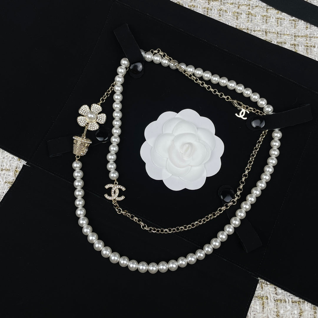 Cha** Flowerpot Pearl and Diamond Necklace, Double-Layer Sweater Chain