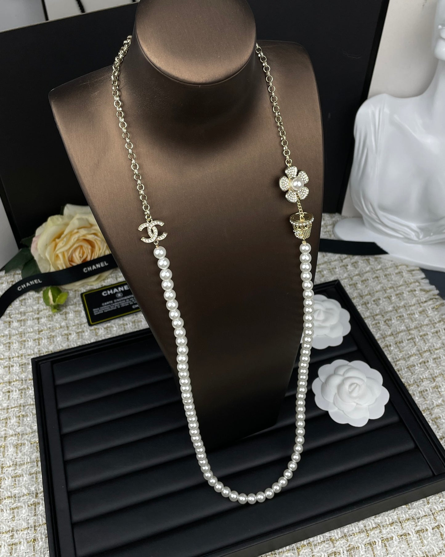 Cha** Flowerpot Pearl and Diamond Necklace, Double-Layer Sweater Chain