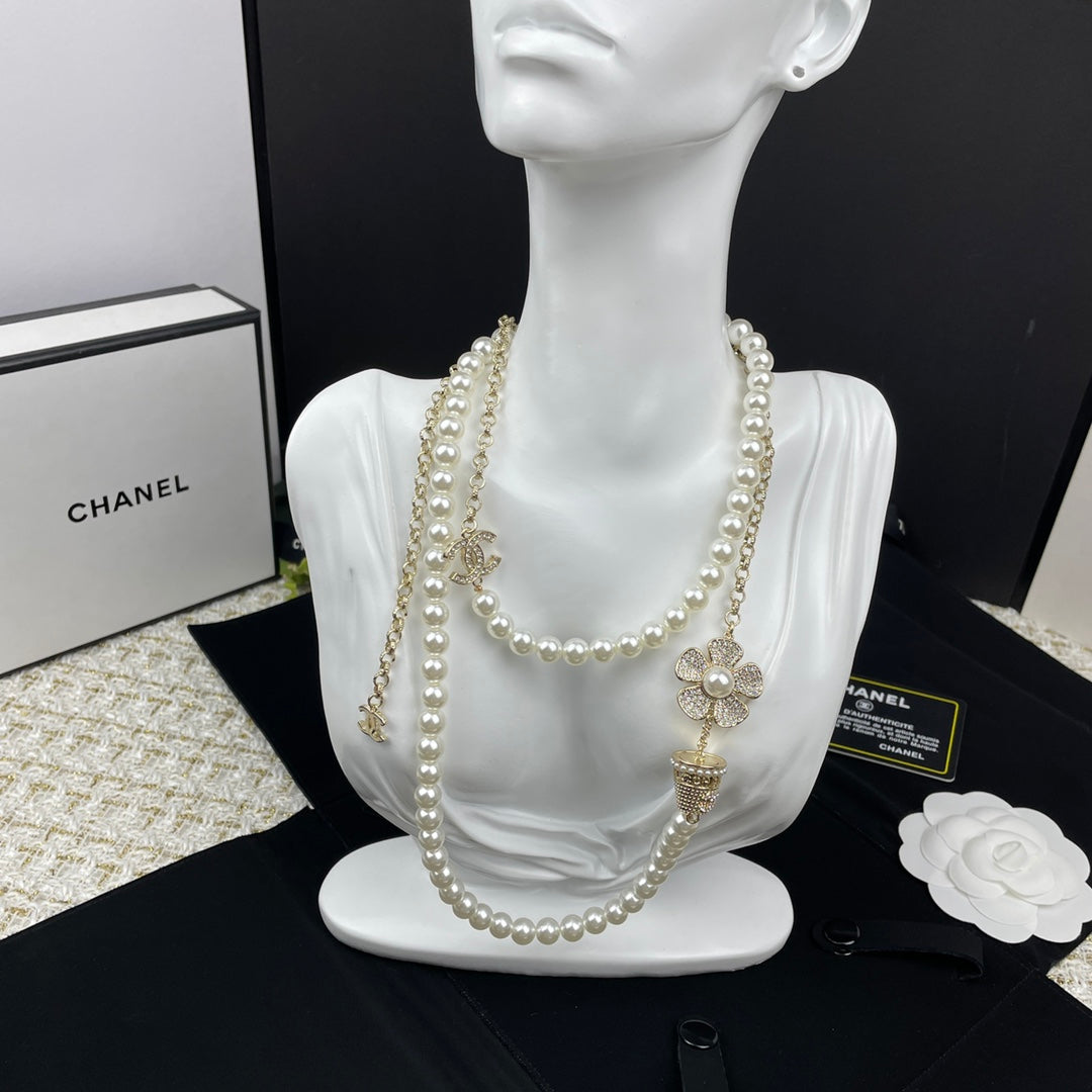 Cha** Flowerpot Pearl and Diamond Necklace, Double-Layer Sweater Chain
