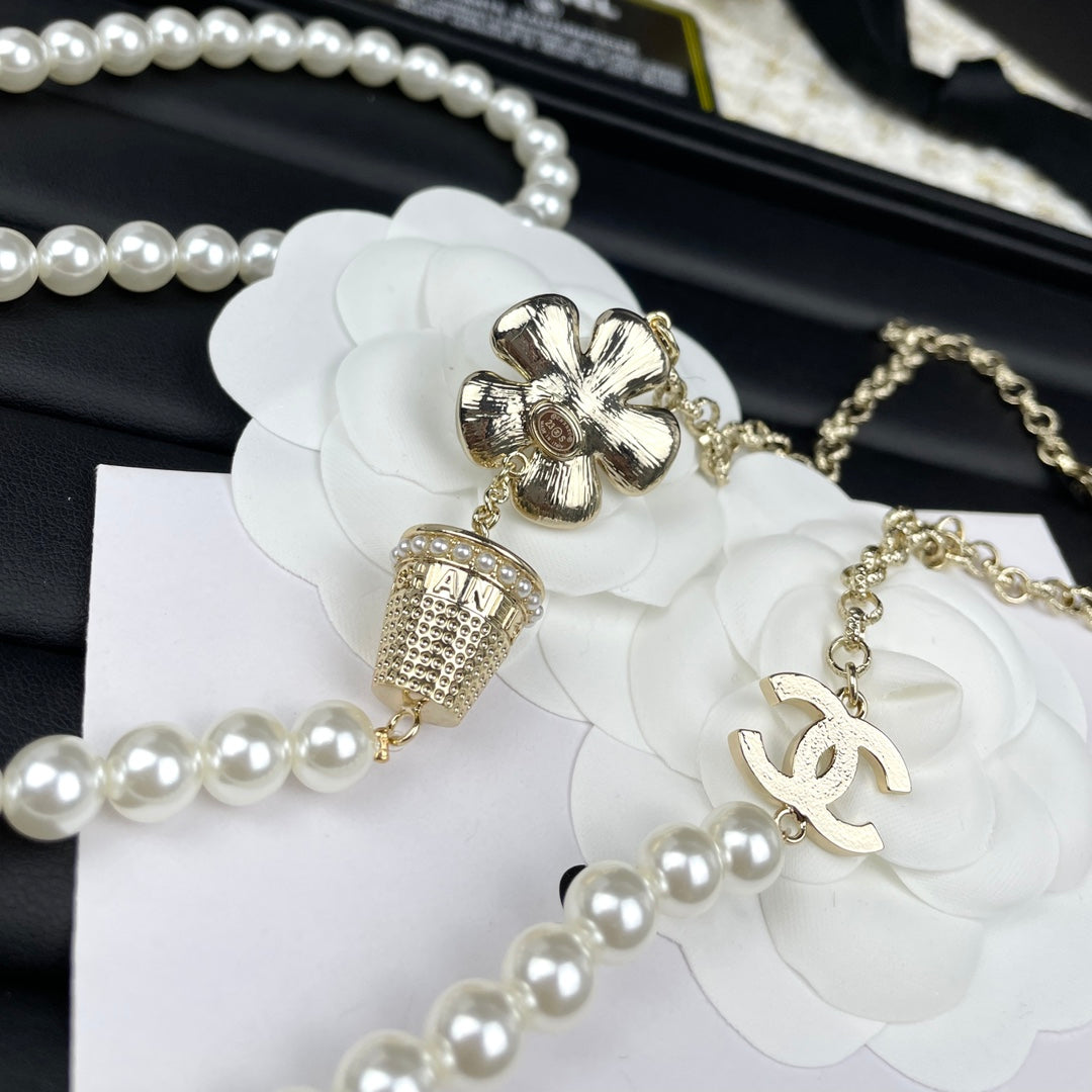 Cha** Flowerpot Pearl and Diamond Necklace, Double-Layer Sweater Chain