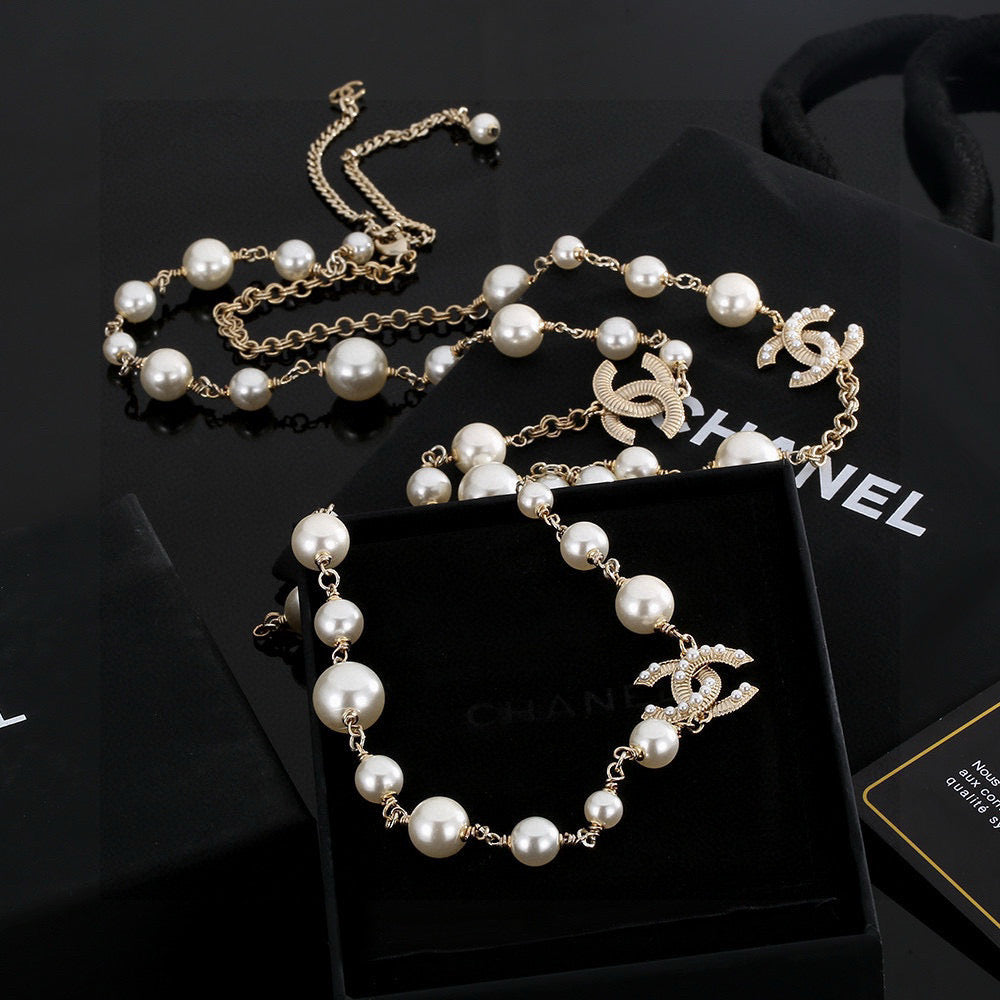 Cha** Double C Pearl Necklace