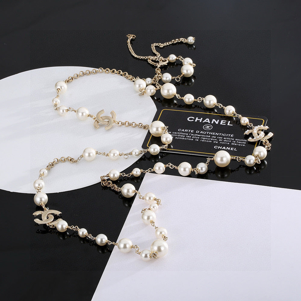 Cha** Double C Pearl Necklace