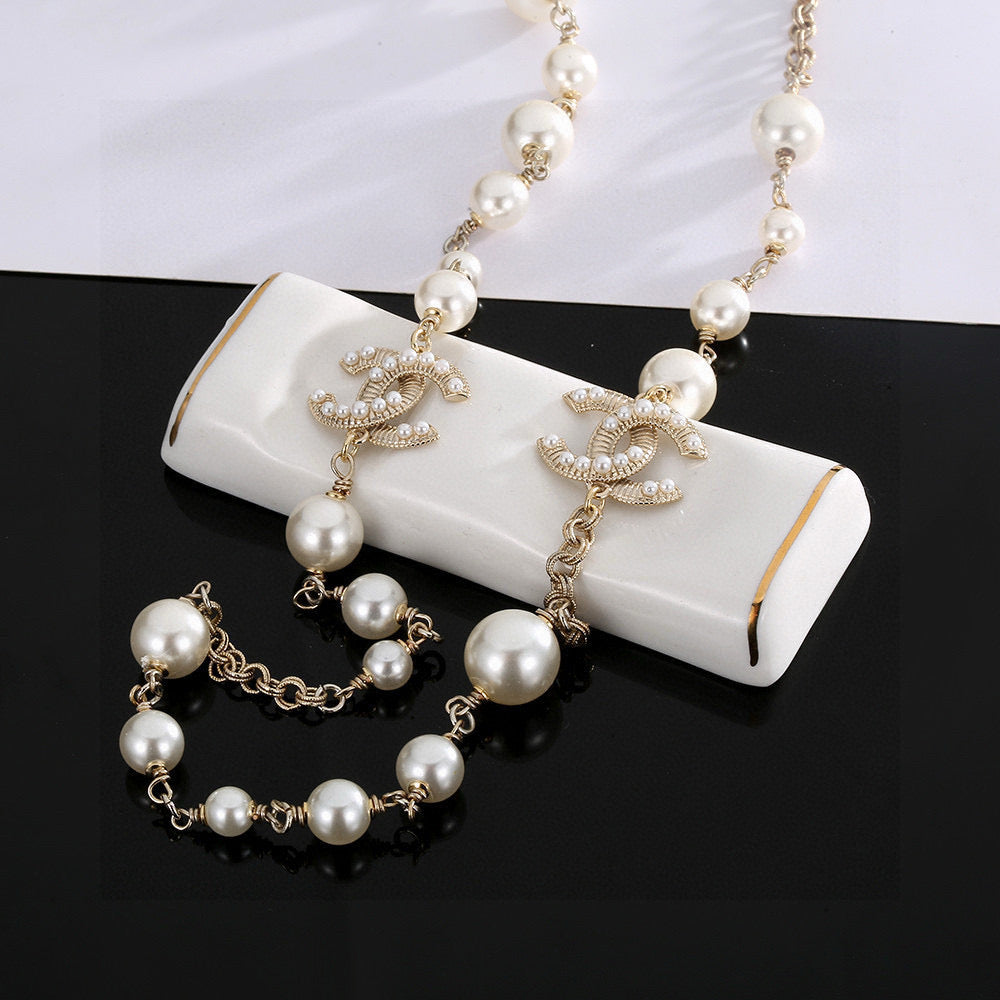 Cha** Double C Pearl Necklace