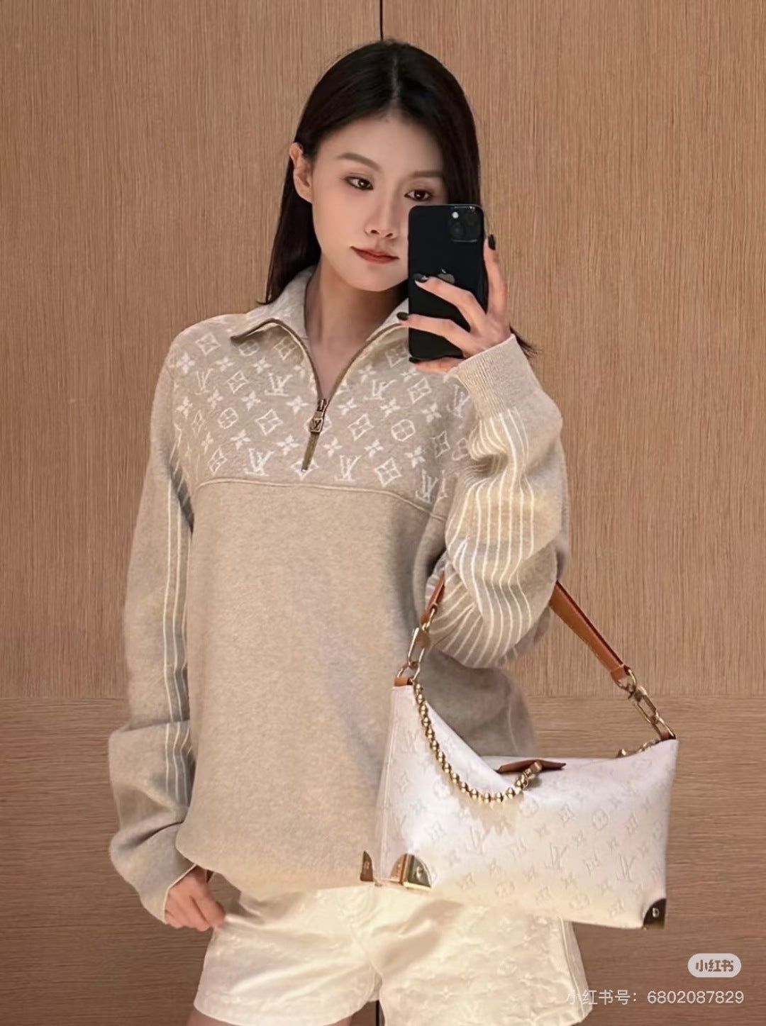 Loe**256fw Jacquard half-zip sweater, milk apricot color