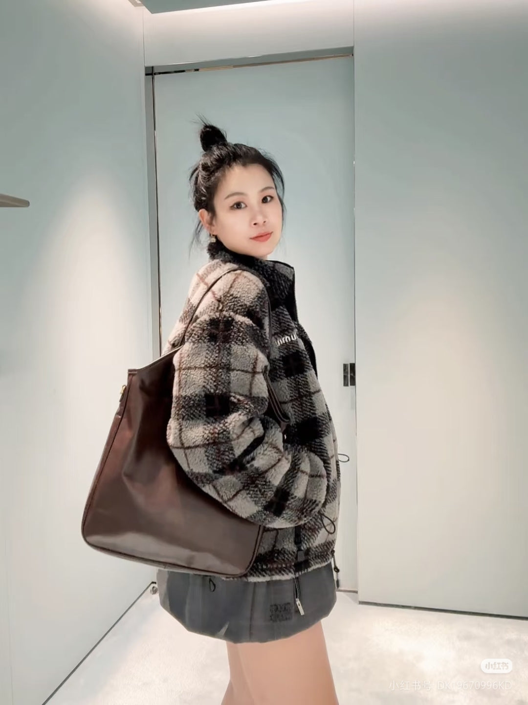 Mu 25fw plaid fleece jacket