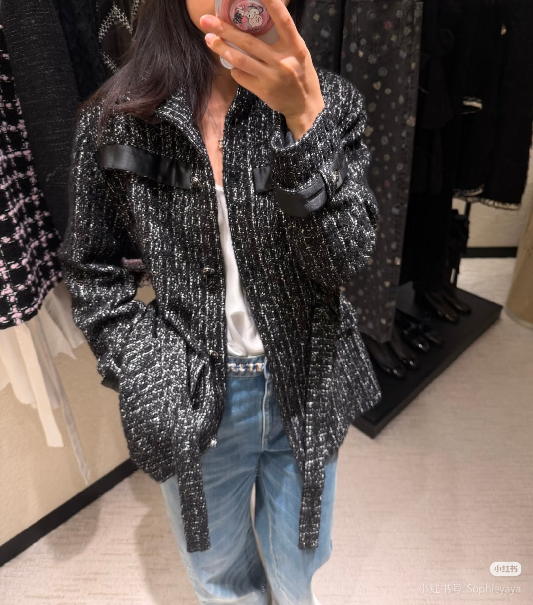 Cha**black plaid tweed stand-collar coat