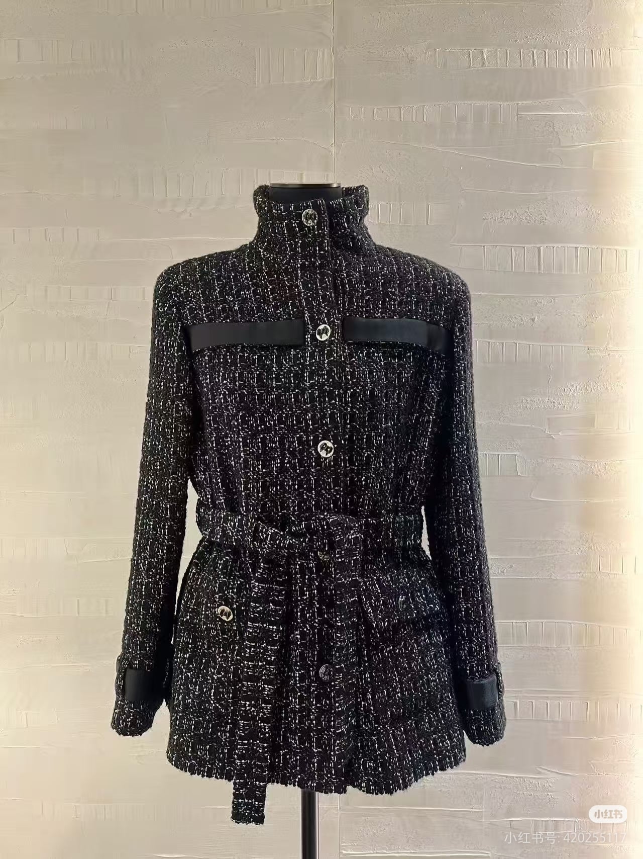 Cha**black plaid tweed stand-collar coat