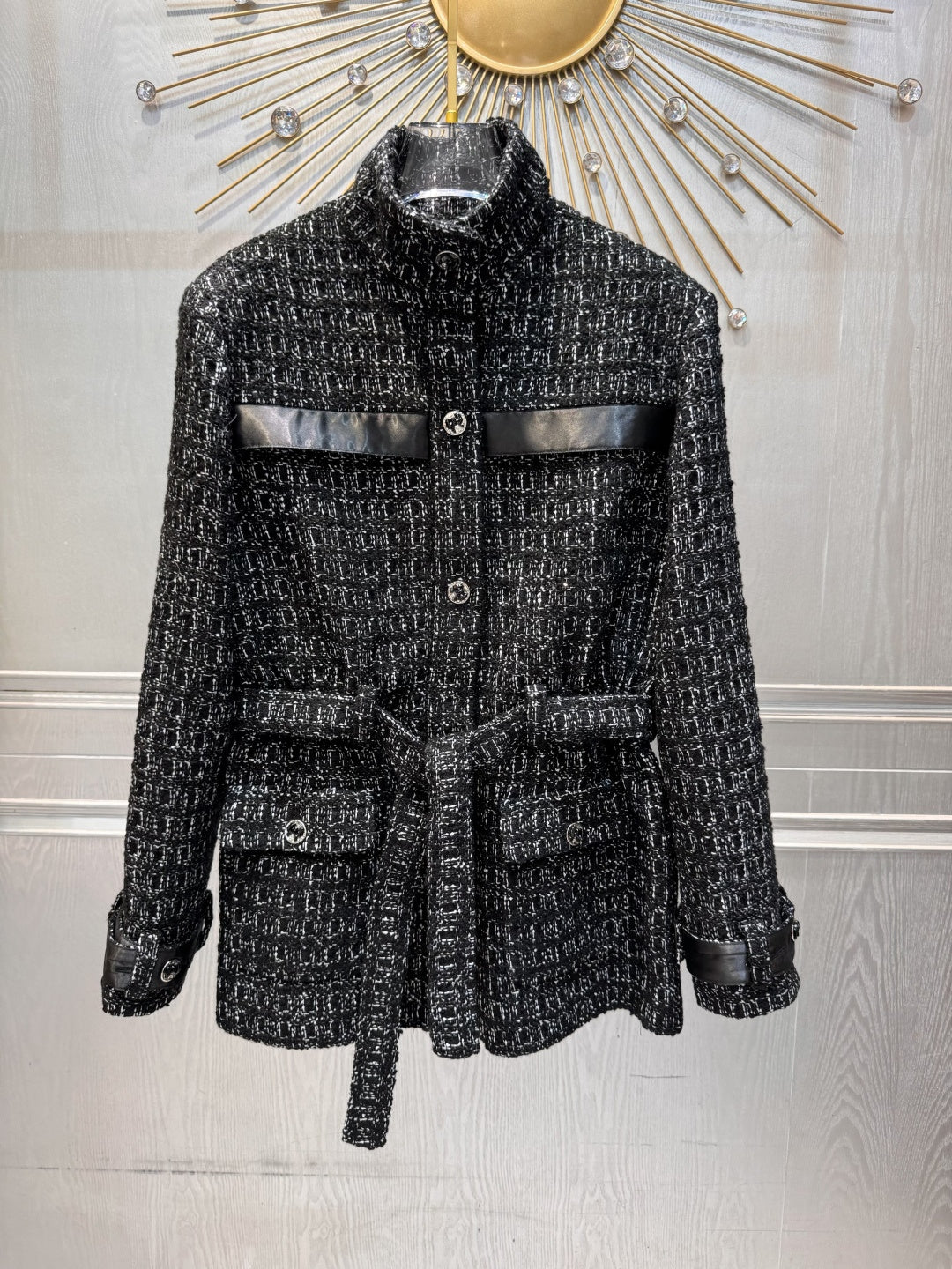 Cha**black plaid tweed stand-collar coat