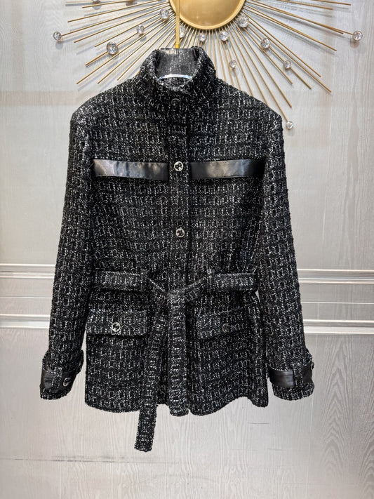 Cha**black plaid tweed stand-collar coat