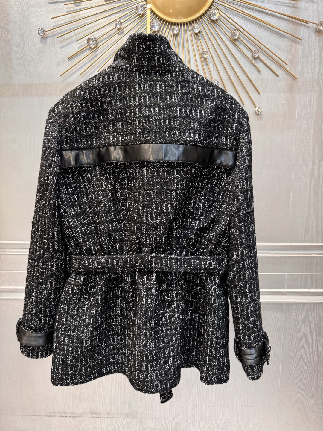 Cha**black plaid tweed stand-collar coat