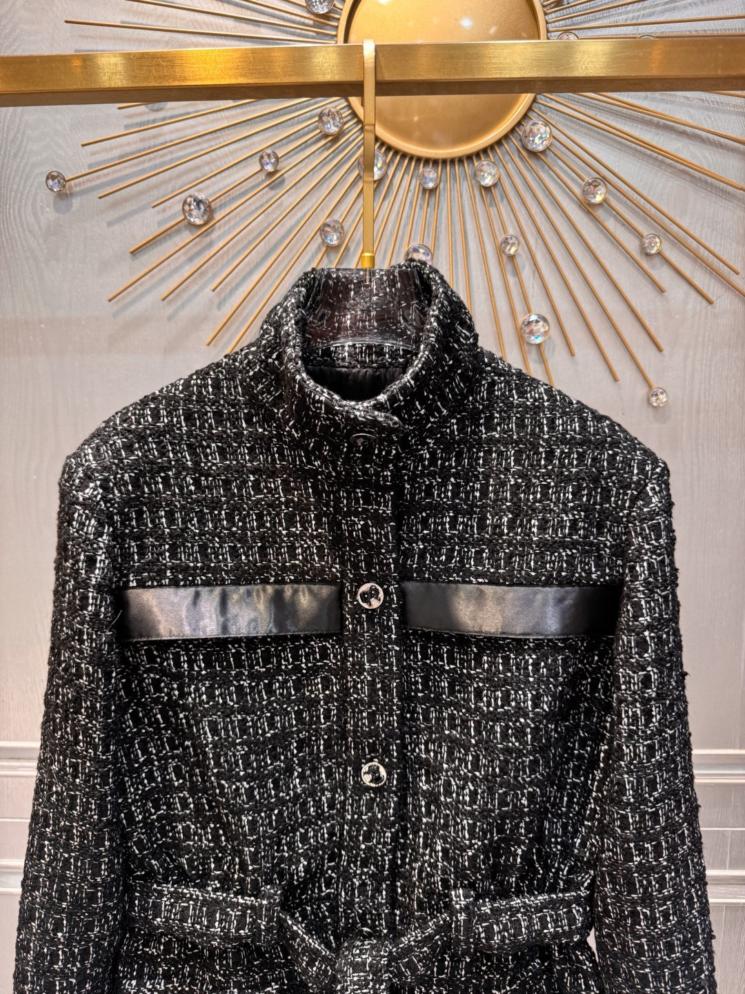Cha**black plaid tweed stand-collar coat