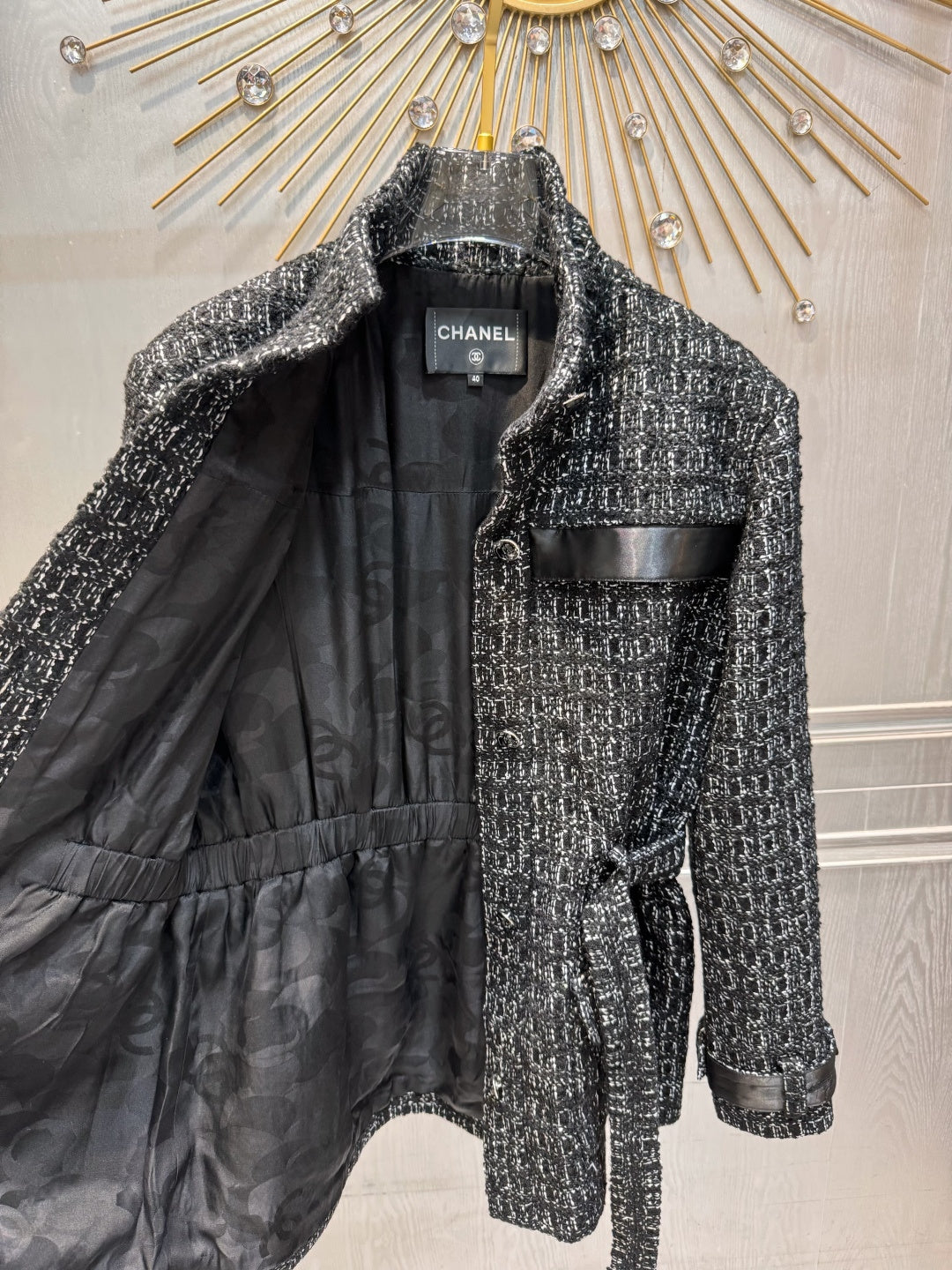 Cha**black plaid tweed stand-collar coat