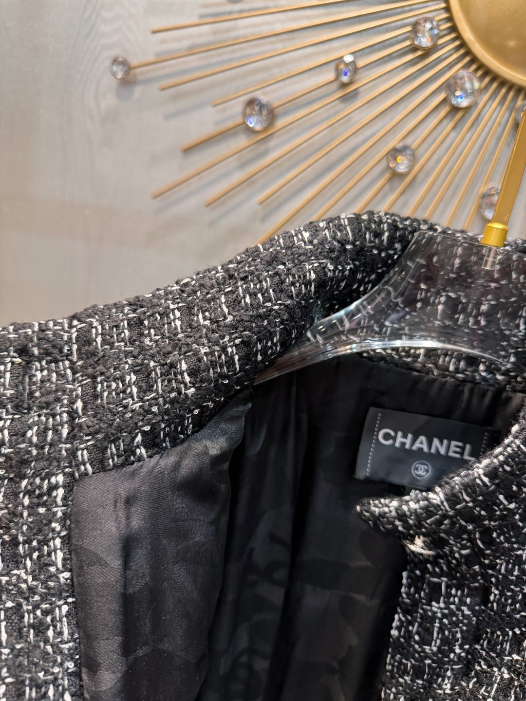 Cha**black plaid tweed stand-collar coat