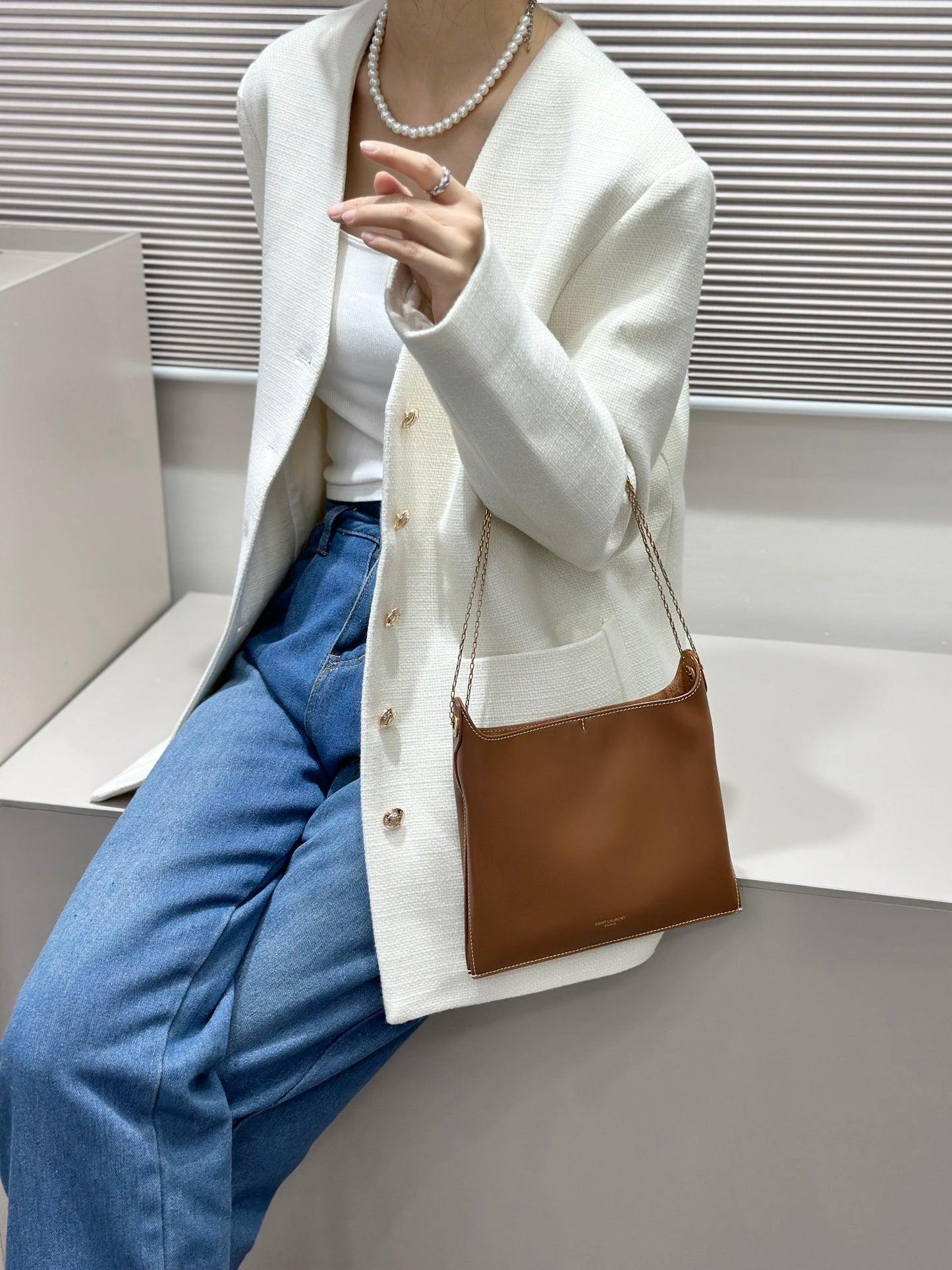 Ys** brown plain calfskin chain bag