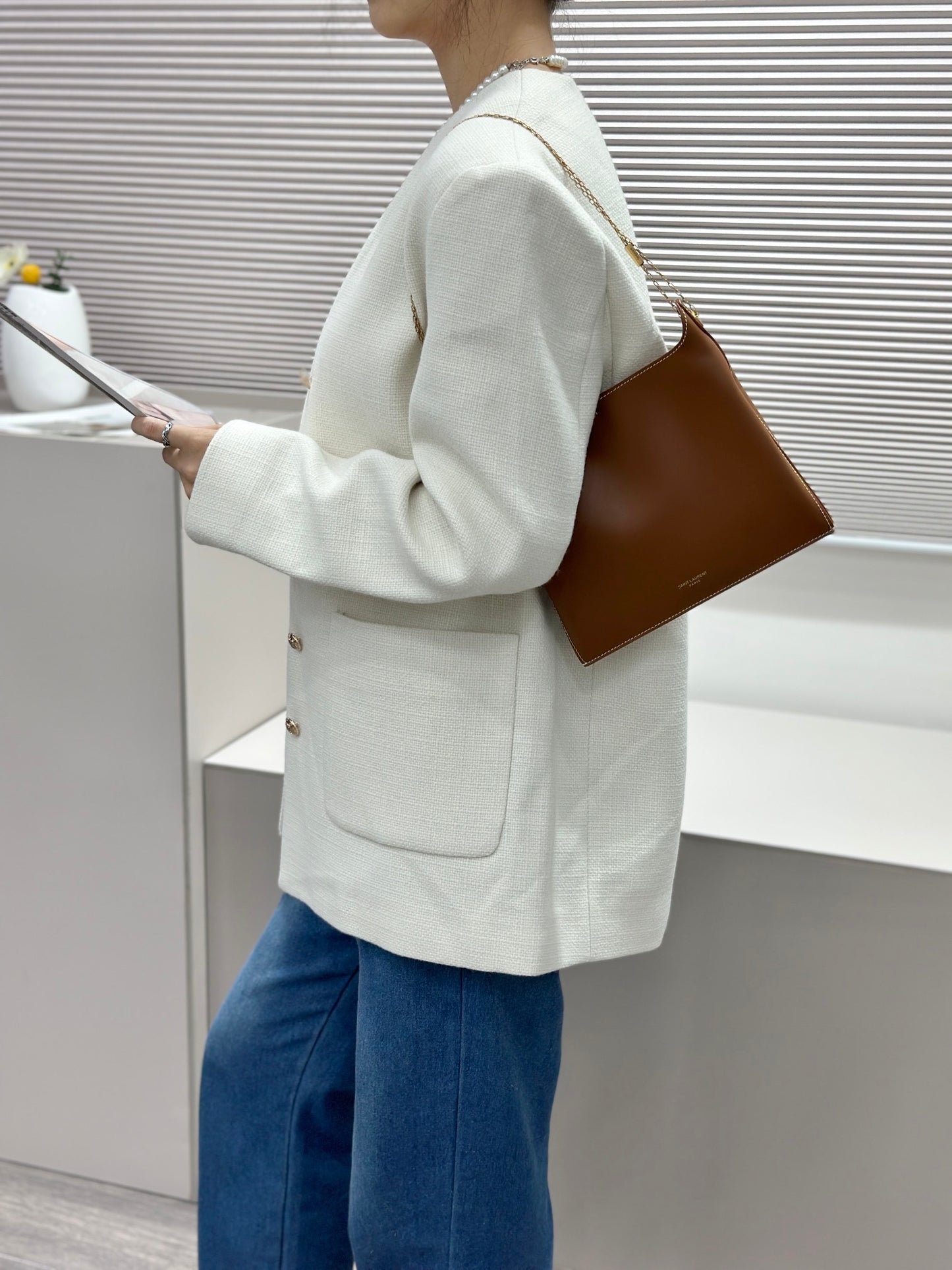 Ys** brown plain calfskin chain bag