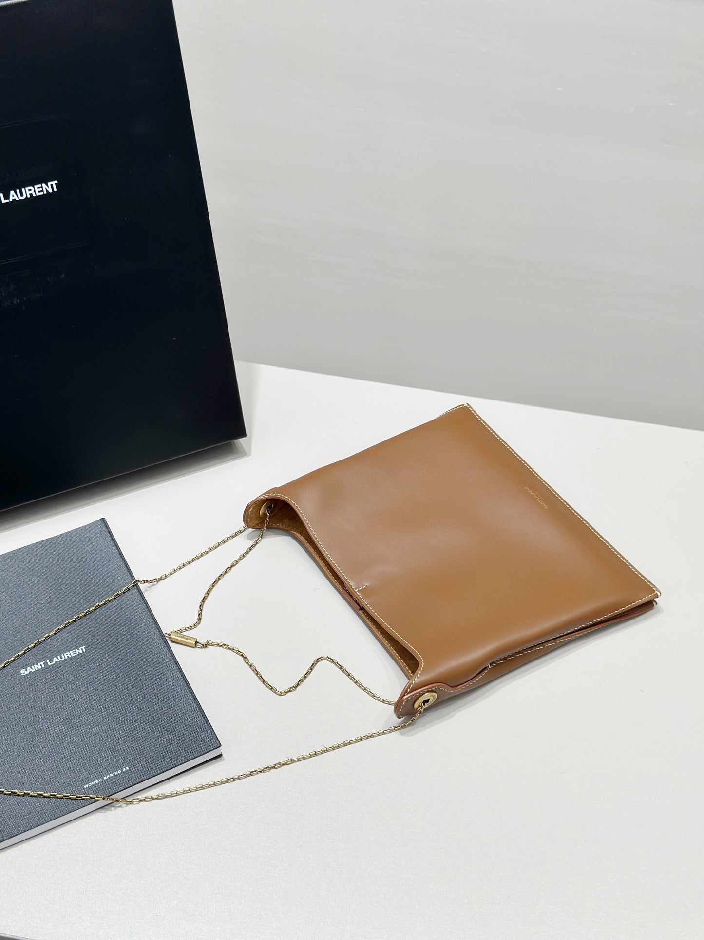 Ys** brown plain calfskin chain bag