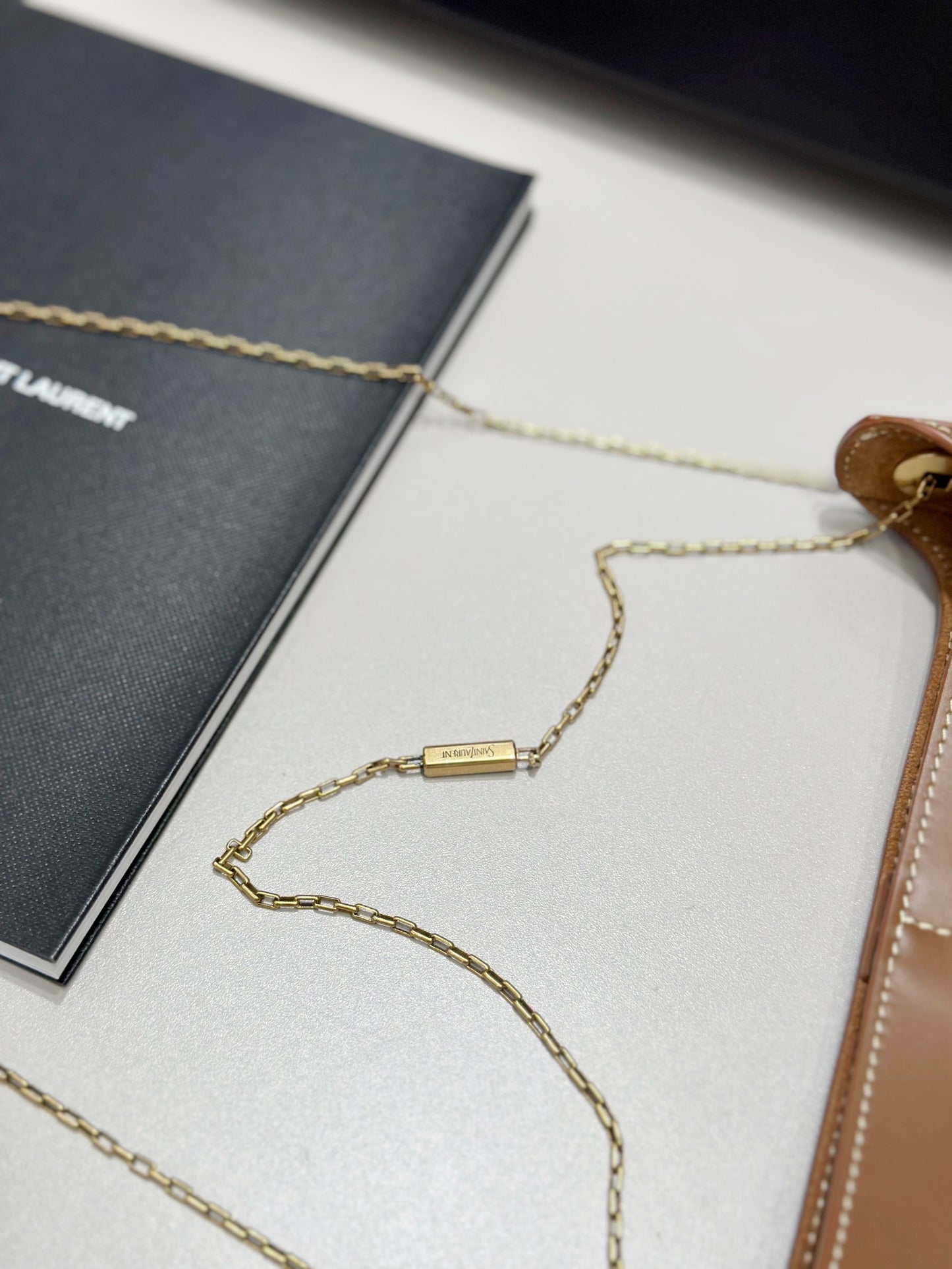 Ys** brown plain calfskin chain bag