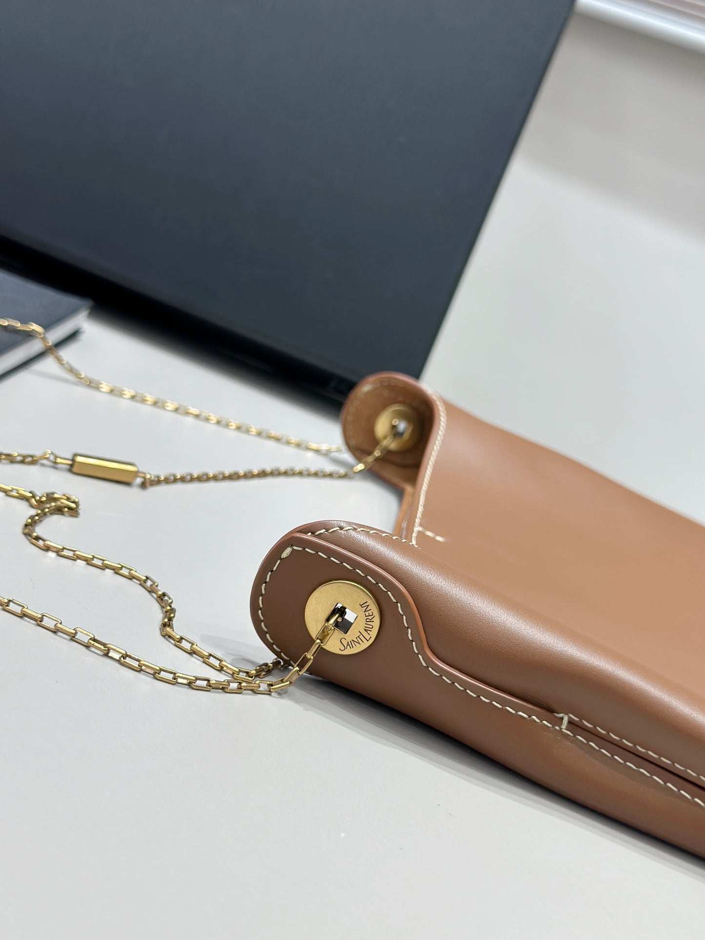 Ys** brown plain calfskin chain bag