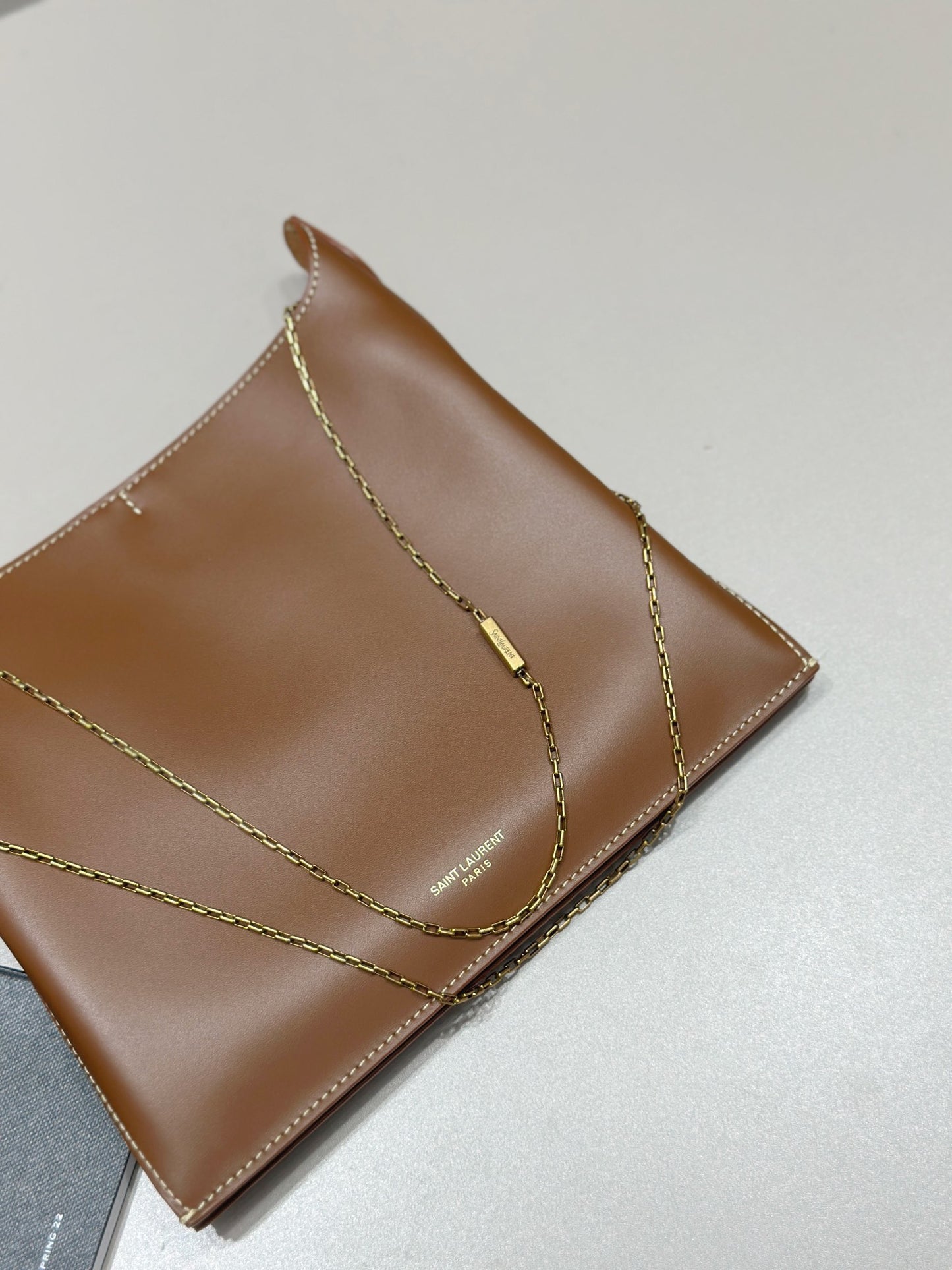 Ys** brown plain calfskin chain bag