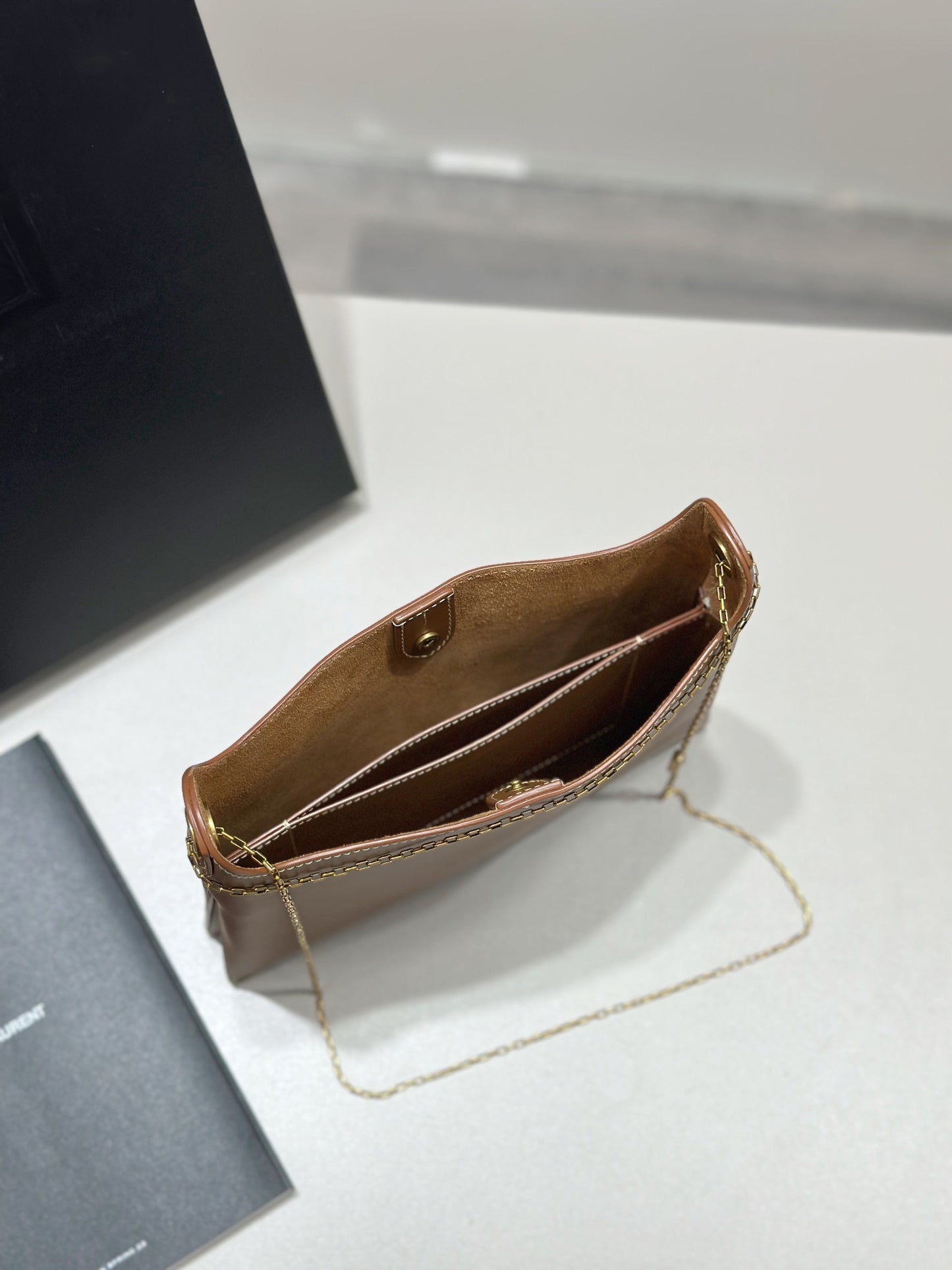 Ys** brown plain calfskin chain bag
