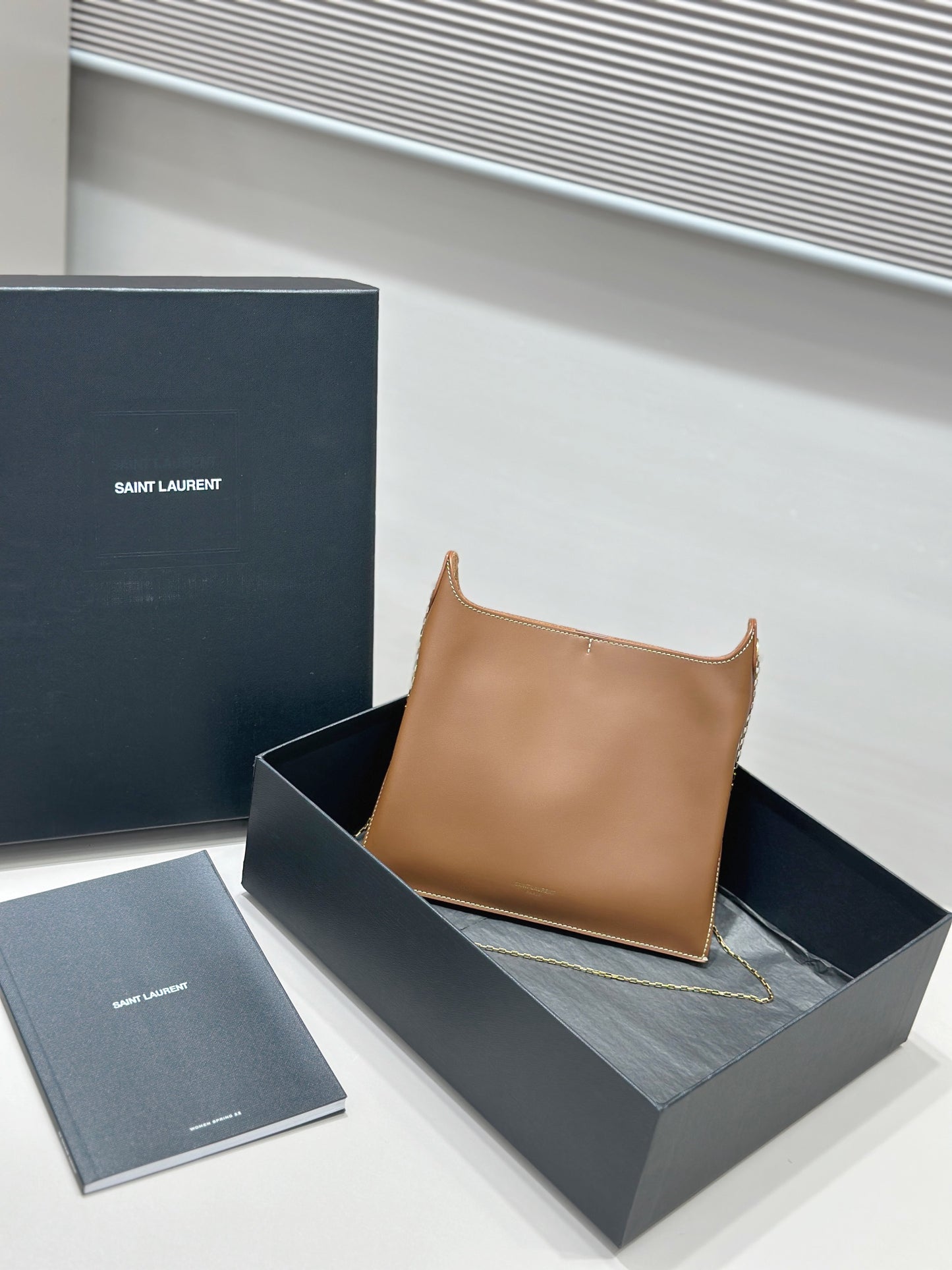 Ys** brown plain calfskin chain bag