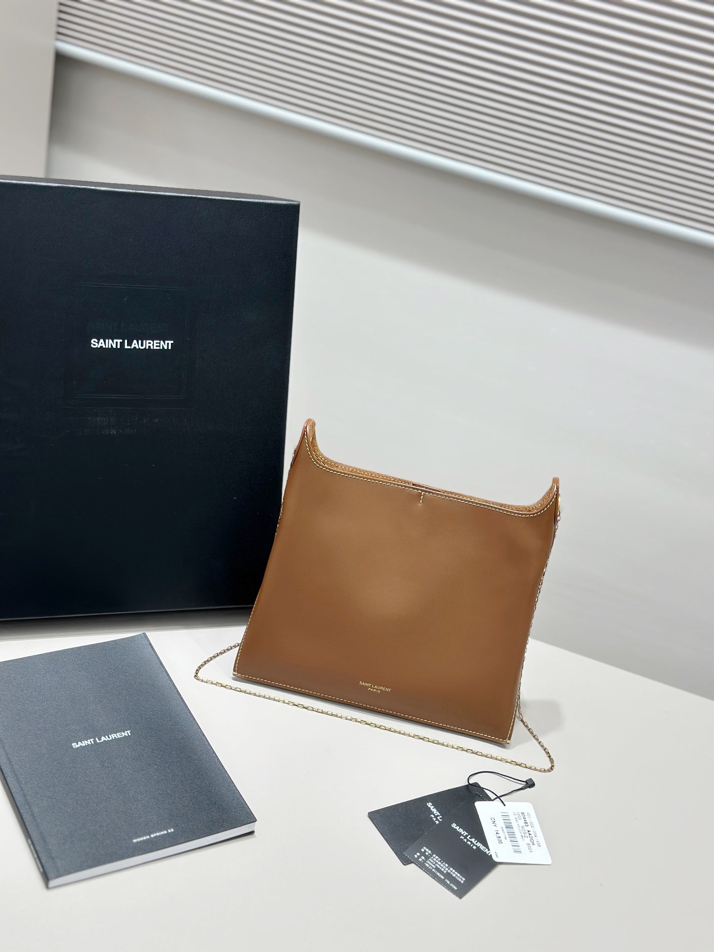 Ys** brown plain calfskin chain bag