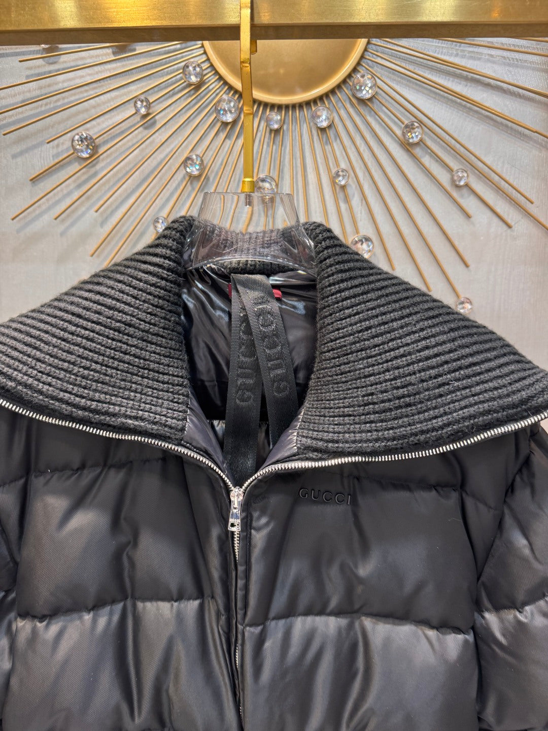 Guc**new arrival black down jacket with lapel and fitted waist