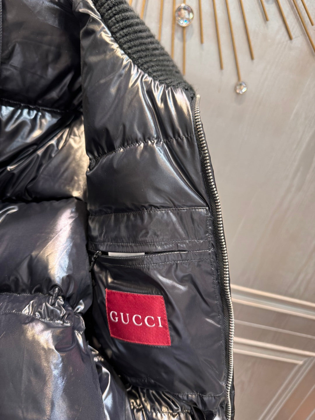 Guc**new arrival black down jacket with lapel and fitted waist