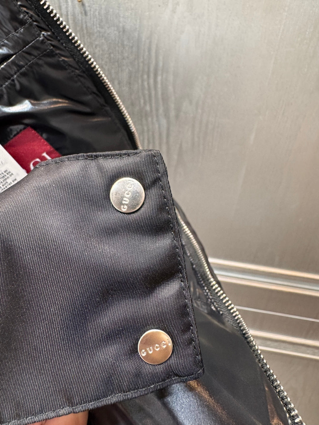 Guc**new arrival black down jacket with lapel and fitted waist