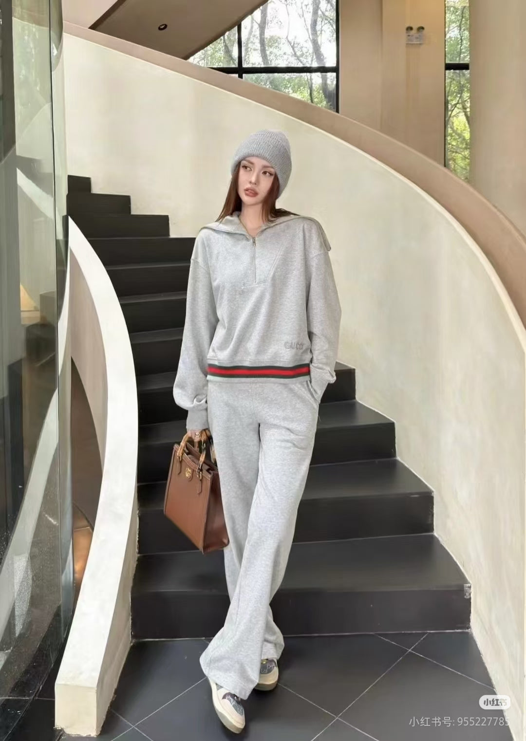 Guc**new gray half-zip sweatshirt set