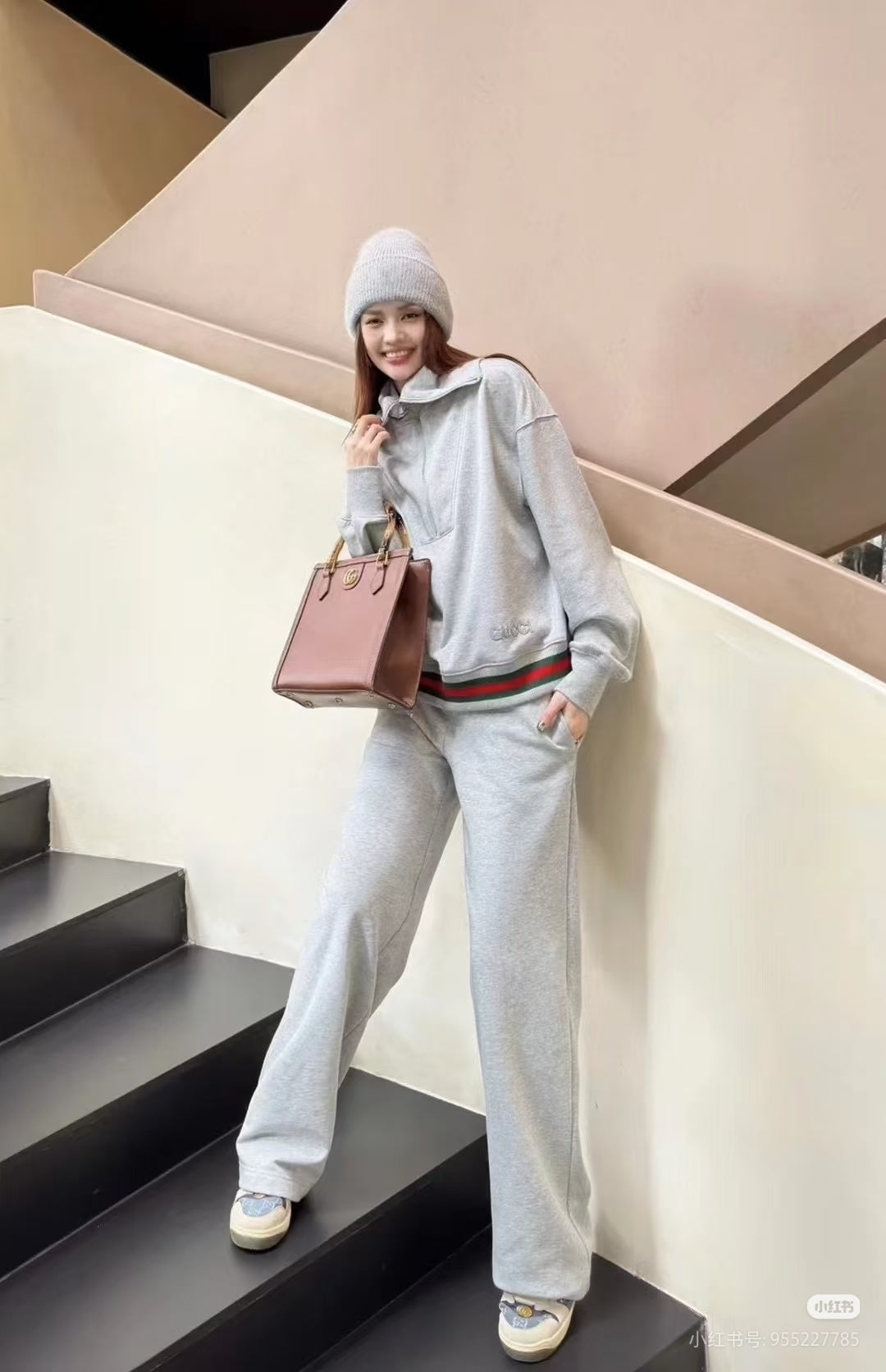 Guc**new gray half-zip sweatshirt set